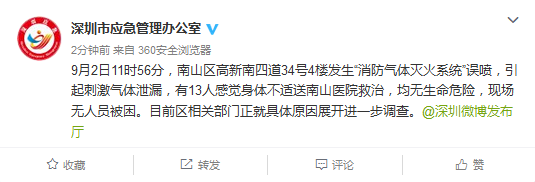 深圳一楼灭火系统误喷致刺激气体泄露13人送医