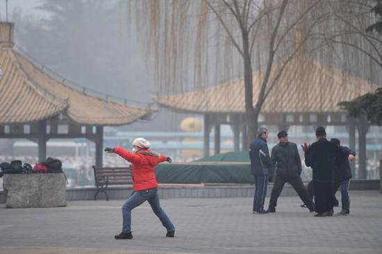 2016年12月21日，一名市民在雾霾笼罩的陶然亭公园内打太极拳。新华社发