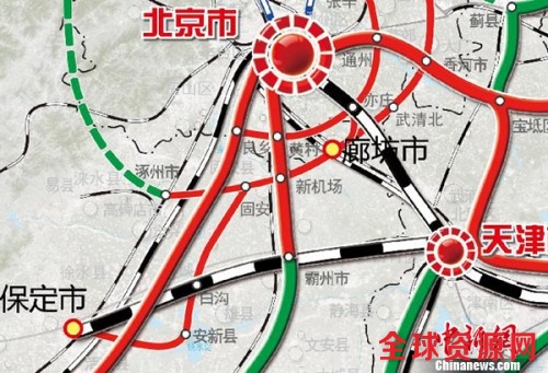 京津冀地区城际铁路网规划示意图。来自国家发改委网站