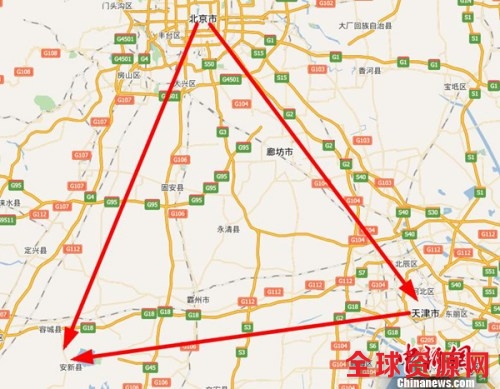 中国设立河北雄安新区。来自地图截图。