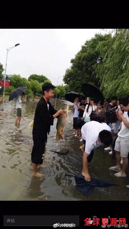 南京暴雨开启“看海模式” 男子路边摸了条大鱼