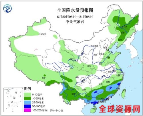 全国降水量预报图(6月20日08时-21日08时)