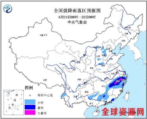 全国强降雨落区预报图(6月21日08时-22日08时)