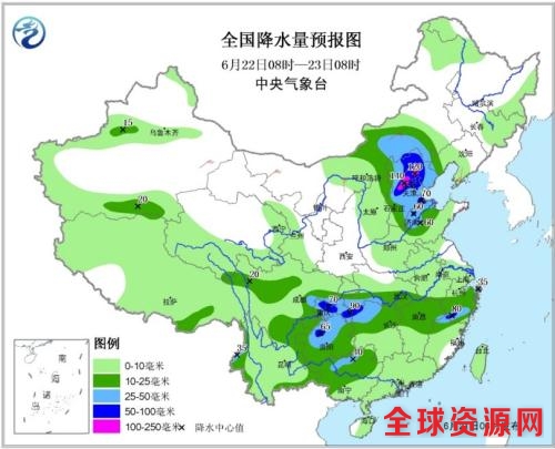 全国降水量预报图(6月22日08时-23日08时)