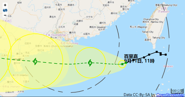 熱帶風暴「百里嘉」集結在香港東南偏東方向約460公里(香港天文台)