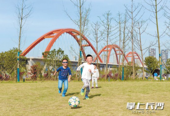  蓝天下，孩子们在湘江西岸的草地上自由玩耍，脸上自然流露着灿烂的笑容。 