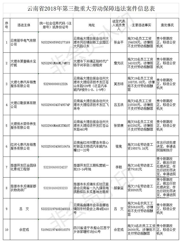 云南省2018年第三批重大劳动保障违法案件信息表