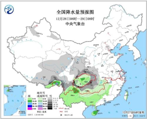 全国降水量预报图（12月28日08时-29日08时）