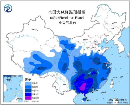 全国大风降温预报图（12月27日08时-31日08时）