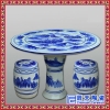 蓝釉连年有余陶瓷桌凳套装 手绘浮雕游龙戏水桌凳 摆设