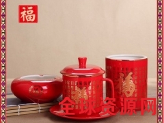 精品手绘陶瓷办公文具用品套装 笔筒烟灰缸带盖茶杯图3