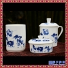 景德镇陶瓷办公套装 中国红黄陶瓷茶杯带碟烟灰缸笔筒