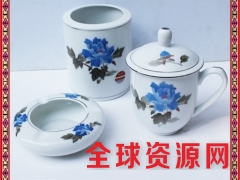 景德镇陶瓷办公套装 中国红黄陶瓷茶杯带碟烟灰缸笔筒图3