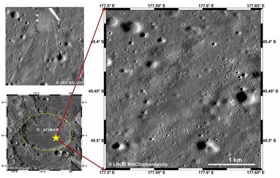 不（左上）嫦娥四号降落相机的照片和LROC NAC影像的匹配，来源：LROC/ASU[1]（左下）冯·卡门撞击坑位置（右）嫦娥四号着陆区。来源：LROC WAC/NAC/haibaraemily上图右边这个大约3×5公里的区域，就是小兔子着陆后，在月背的主要活动范围。
