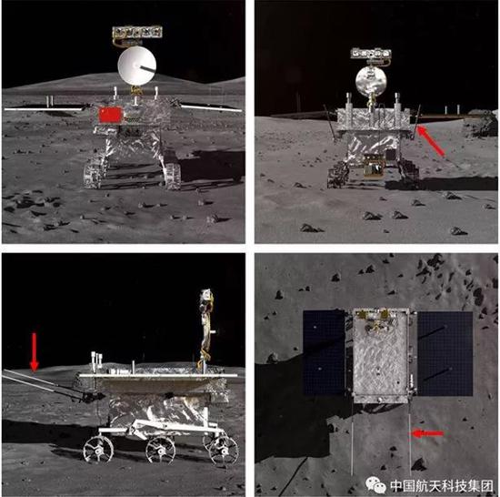 红色箭头所指的就是2根低频测月雷达天线，高频测月雷达是蝶形天线，安置在月球车底部。改编自：中国航天科技集团
