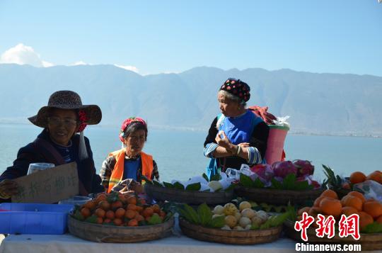 图为大理双廊当地白族老人在洱海边摆水果摊，等待客人购买。 缪超 摄