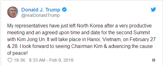 特朗普:第二次特金会将在越南河内举行