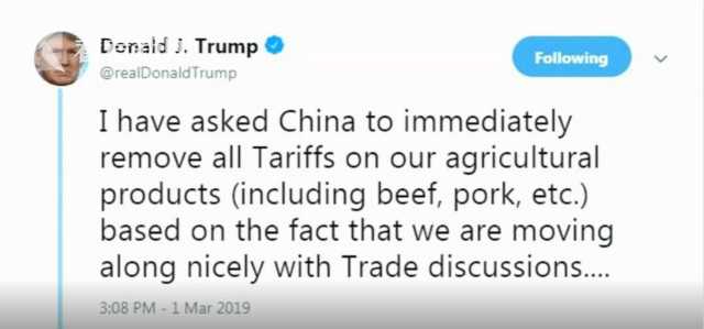 特朗普发推:要求中国立即取消对美农产品所有关税