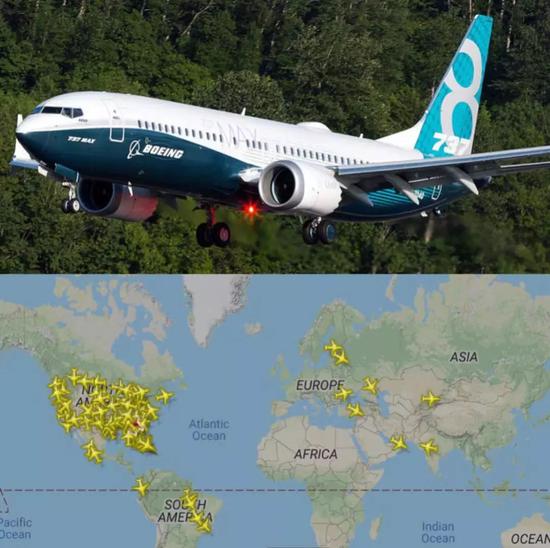 Flightradar24机构网站显示，美国和加拿大领空出现737MAX机型“扎堆”的情况。