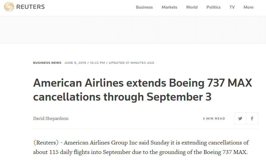 美国航空公司:将波音737MAX停飞时间延长至9月3日