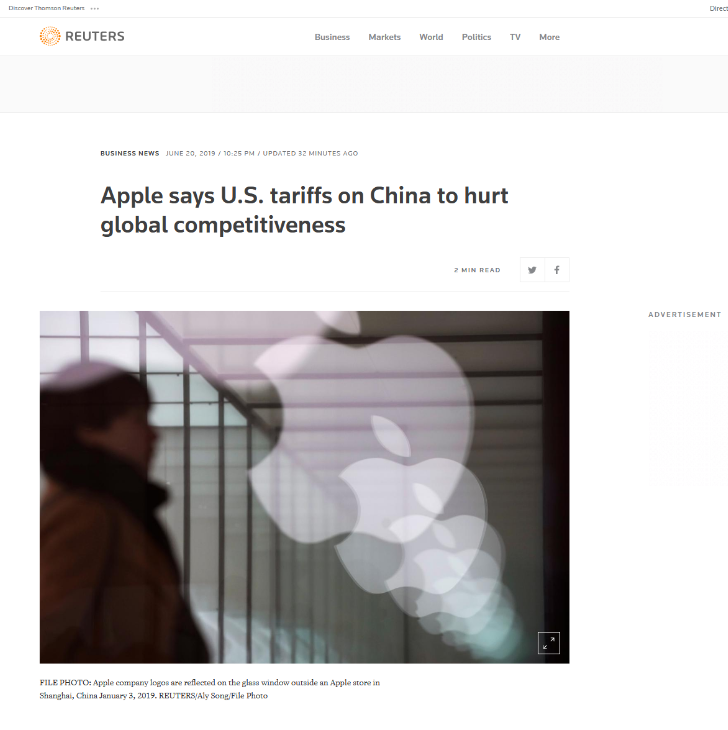 苹果公司：对iPhone加征关税将削弱我们全球竞争力
