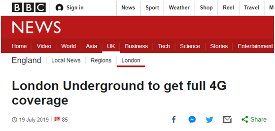 英国地铁将于2020年起开通4G信号 网友：太落后
