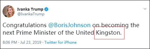 伊万卡发文祝贺约翰逊打错字 网友:特朗普教的拼写