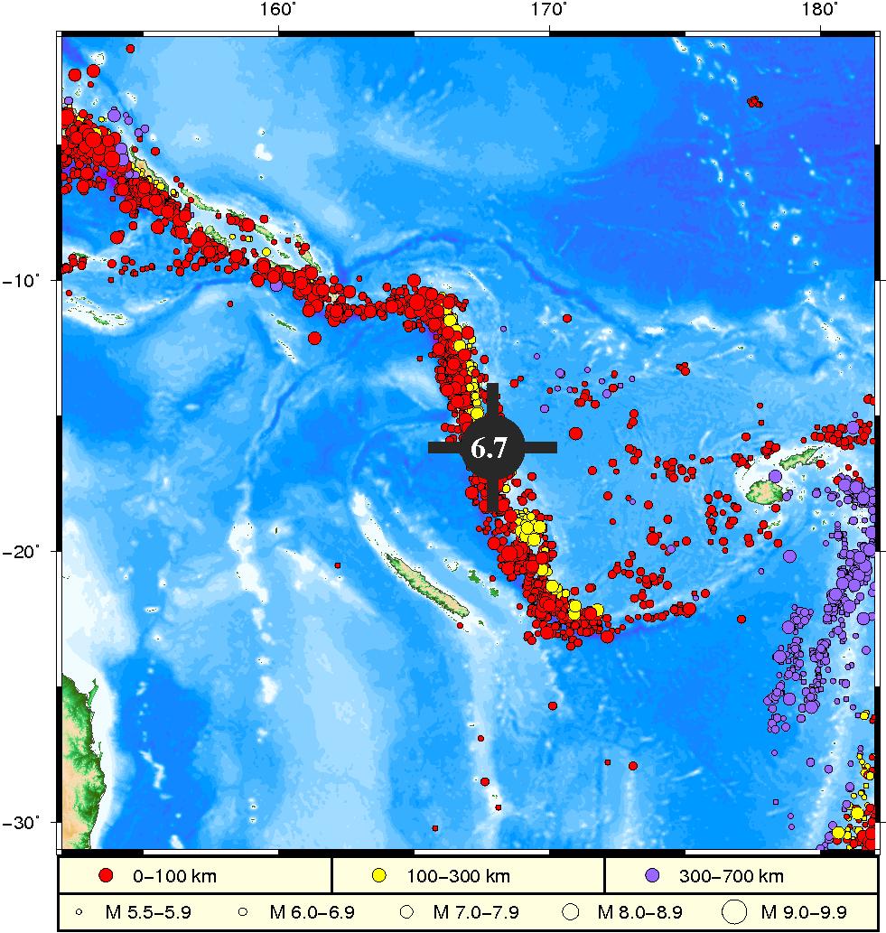瓦努阿图群岛海域发生6.7级地震 初判不会引发海啸