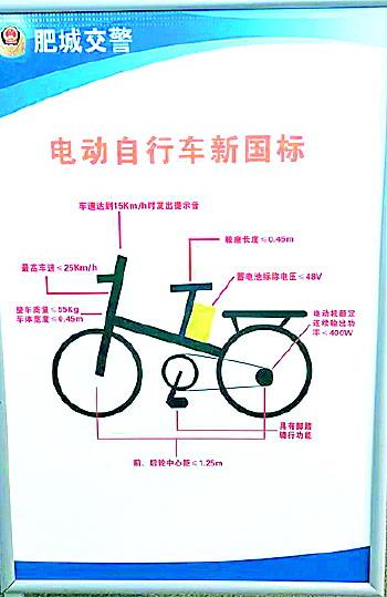 民警在现场放置了电动自行车新国标示意图。