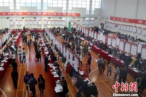 4月12日,大学生在招聘会现场寻找工作岗位。当日,青海省2019年民营企业与高校毕业生供需见面专场招聘会在青海民族大学举行。本场招聘会组织企业532家,提供用人岗位1万余个,涉及市场营销、行政文员、建筑工程、电子商务等行业。<a target='_blank' href='http://www.chinanews.com/'>中新社记者 马铭言 摄 点击进入下一页