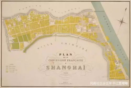 1882年的法租界全图，此时法租界已经完成第一次扩界，北界洋泾浜以北的英美租界也已合并为公共租界