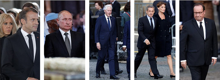  右左至右：法国总统马克龙，俄罗斯总统普京，美国前总统比尔·克林顿以及法国前总统萨科齐、奥朗德。