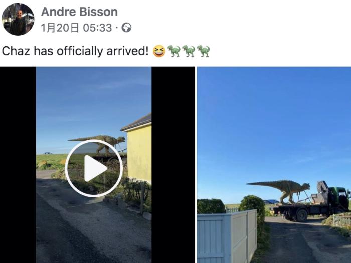 当地时间1月20日，安德烈在社交媒体“脸书”上表示，恐龙模型终于运输到了他家。图片来源：社交媒体截图。