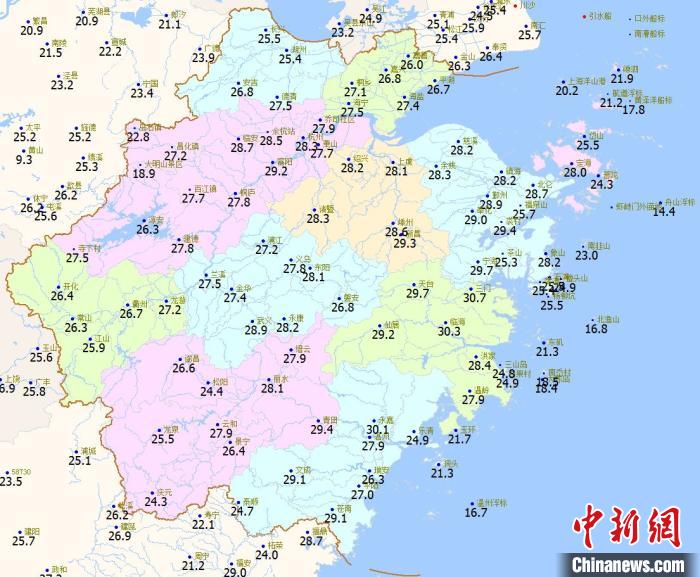 25日浙江最高气温分布图。浙江省气象台供图 25日浙江最高气温分布图。浙江省气象台供图