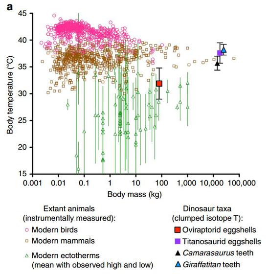 Robert Eagle的研究结果显示，窃蛋龙的体温在现生外温性动物范围内，而蜥脚类恐龙的体温接近现生哺乳动物（图片来源：Eagle et.al 2015）