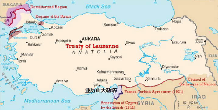 △《洛桑条约》中规定的土耳其领土范围 可以清楚地看到亚历山大勒塔为法国托管的叙利亚领土