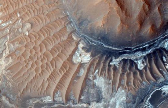 资料图：阿伦沌地是火星水手谷东部一个遭侵蚀的陨石坑，其表面被沙丘覆盖。图片来源：NASA官网