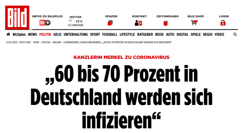 德国《图片报》：默克尔谈新冠病毒：“60%-70%在德国的人将感染新冠病毒”