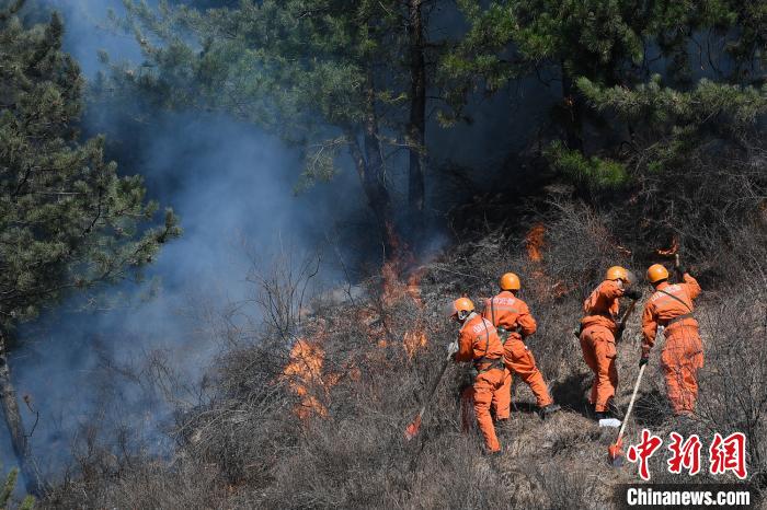 武警山西总队官兵正在扑救山火。 武俊杰 摄