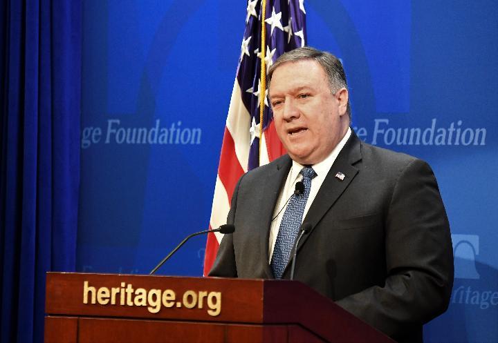 2018年5月21日，美国国务卿蓬佩奥在华盛顿的美国智库传统基金会发表演讲时表示，伊朗如果不改变当前路线，将受到美国“最严厉的制裁”。（新华社记者 杨承霖摄）